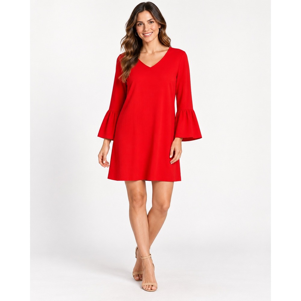 Worthington Bell Sleeve Shift Dress Womens 10 Red V-Neck Crepe NWT